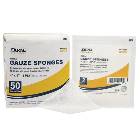 DUKAL Woven Gauze Sponge, Basic Care Sterile 4 x 4 8Ply 2's, 50PK 8502